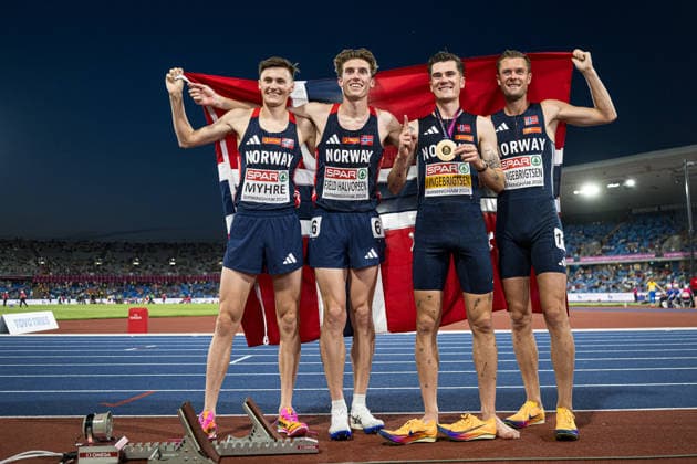 260810 Magnus Tuv Myhre of Norway, Andreas Fjeld Halvorsen of Norway, Jakob Asserson Ingebrigtsen and Filip Mangen Ingebrigtsen of Norway of Norway celebrate after men s 5000 meter in during day 1 of the 2026 European Athletics Championships on August 10, 2026 in Birmingham. Photo: Mathias Bergeld BILDBYRAN kod MB MT1064 friidrott athletics friidrett friidrotts-em em friidretts-em 2026 european athletics championships 1 bbeng jubel norge Copyright: MATHIASxBERGELD BB260810MB115