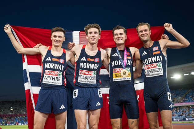 260810 Magnus Tuv Myhre of Norway, Andreas Fjeld Halvorsen of Norway, Jakob Asserson Ingebrigtsen and Filip Mangen Ingebrigtsen of Norway of Norway celebrate after men s 5000 meter in during day 1 of the 2026 European Athletics Championships on August 10, 2026 in Birmingham. Photo: Mathias Bergeld BILDBYRAN kod MB MT1064 friidrott athletics friidrett friidrotts-em em friidretts-em 2026 european athletics championships 1 bbeng jubel norge Copyright: MATHIASxBERGELD BB260810MB117