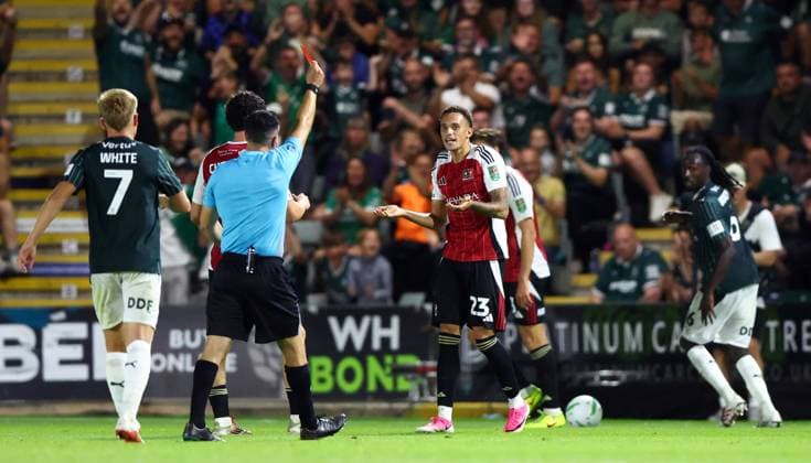 Ethan Sutherland of Exeter City is sent off Plymouth Argyle v Exeter City, EFL Carabao Cup, First Round, Football, Home Park, Plymouth, UK - 10 Aug 2026Plymouth Home Park United Kingdom EDITORIAL USE ONLY No use with unauthorised audio, video, data, fixture lists, club league logos or live services. Online in-match use limited to 120 images, no video emulation. No use in betting, games or single club league player publications. Copyright: xKieranxMcManus Shutterstockx 17061087bk