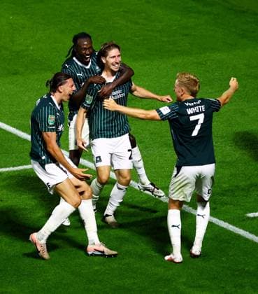 Alex Hartridge of Plymouth Argyle celebrates scoring a goal after making the score 1-0. Plymouth Argyle v Exeter City, EFL Carabao Cup, First Round, Football, Home Park, Plymouth, UK - 10 Aug 2026Plymouth Home Park United Kingdom EDITORIAL USE ONLY No use with unauthorised audio, video, data, fixture lists, club league logos or live services. Online in-match use limited to 120 images, no video emulation. No use in betting, games or single club league player publications. Copyright: xJamesxMarsh Shutterstockx 17061088bx