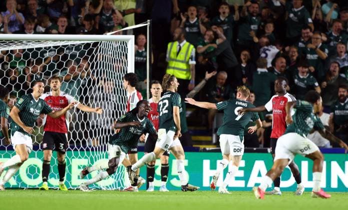 Alex Hartridge of Plymouth Argyle celebrates scoring a goal to make the score 1-0 Plymouth Argyle v Exeter City, EFL Carabao Cup, First Round, Football, Home Park, Plymouth, UK - 10 Aug 2026Plymouth Home Park United Kingdom EDITORIAL USE ONLY No use with unauthorised audio, video, data, fixture lists, club league logos or live services. Online in-match use limited to 120 images, no video emulation. No use in betting, games or single club league player publications. Copyright: xKieranxMcManus Shutterstockx 17061087bn