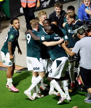 Aribim Pepple of Plymouth Argyle celebrates scoring a goal after making the score 2-0. Plymouth Argyle v Exeter City, EFL Carabao Cup, First Round, Football, Home Park, Plymouth, UK - 10 Aug 2026Plymouth Home Park United Kingdom EDITORIAL USE ONLY No use with unauthorised audio, video, data, fixture lists, club league logos or live services. Online in-match use limited to 120 images, no video emulation. No use in betting, games or single club league player publications. Copyright: xJamesxMarsh Shutterstockx 17061088cl
