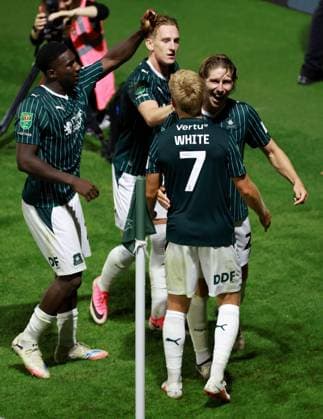 Alex Hartridge of Plymouth Argyle celebrates scoring a goal after making the score 1-0. Plymouth Argyle v Exeter City, EFL Carabao Cup, First Round, Football, Home Park, Plymouth, UK - 10 Aug 2026Plymouth Home Park United Kingdom EDITORIAL USE ONLY No use with unauthorised audio, video, data, fixture lists, club league logos or live services. Online in-match use limited to 120 images, no video emulation. No use in betting, games or single club league player publications. Copyright: xJamesxMarsh Shutterstockx 17061088cq