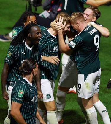 Alex Hartridge of Plymouth Argyle celebrates scoring a goal after making the score 1-0. Plymouth Argyle v Exeter City, EFL Carabao Cup, First Round, Football, Home Park, Plymouth, UK - 10 Aug 2026Plymouth Home Park United Kingdom EDITORIAL USE ONLY No use with unauthorised audio, video, data, fixture lists, club league logos or live services. Online in-match use limited to 120 images, no video emulation. No use in betting, games or single club league player publications. Copyright: xJamesxMarsh Shutterstockx 17061088cr