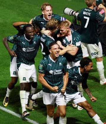 Alex Hartridge of Plymouth Argyle celebrates scoring a goal after making the score 1-0. Plymouth Argyle v Exeter City, EFL Carabao Cup, First Round, Football, Home Park, Plymouth, UK - 10 Aug 2026Plymouth Home Park United Kingdom EDITORIAL USE ONLY No use with unauthorised audio, video, data, fixture lists, club league logos or live services. Online in-match use limited to 120 images, no video emulation. No use in betting, games or single club league player publications. Copyright: xJamesxMarsh Shutterstockx 17061088cu