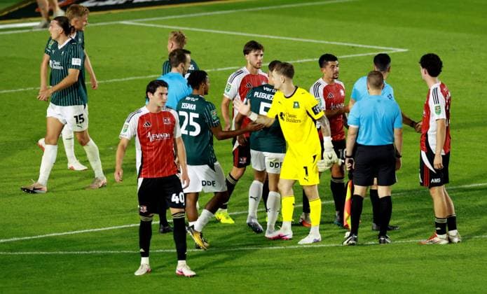 Players shake hands at full time. Plymouth Argyle v Exeter City, EFL Carabao Cup, First Round, Football, Home Park, Plymouth, UK - 10 Aug 2026Plymouth Home Park United Kingdom EDITORIAL USE ONLY No use with unauthorised audio, video, data, fixture lists, club league logos or live services. Online in-match use limited to 120 images, no video emulation. No use in betting, games or single club league player publications. Copyright: xJamesxMarsh Shutterstockx 17061088cv