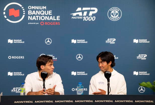 August 10, 2026, Montreal, Pq, Canada: Alexis Galarneau, left and Duncan Chan of Canada speak during a press conference, PK, Pressekonferenz following their quarterfinal doubles loss at the National Bank Open in Montreal on Monday, Aug. 10, 2026. Canada News - August 10, 2026 - ZUMAc35_ 20260810_zaf_c35_037 Copyright: xChristinnexMuschix