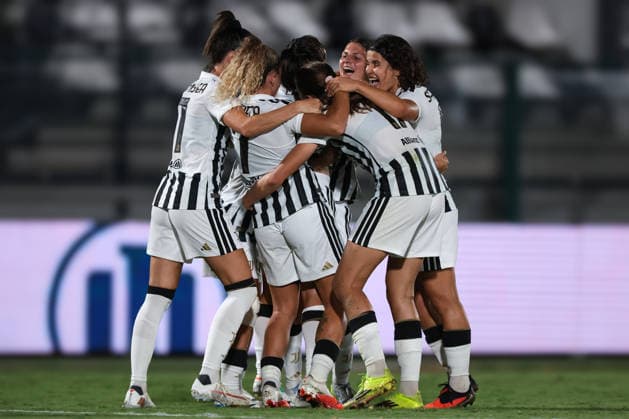 Biella, Italy, 8th August 2026. Remina Chiba of Juventus celebrates with team mates after scoring her second goal to give the side a 3-1 lead during the Juventus Women vs Hammarby IF UEFA Womens Champions League match at Stadio Vittorio Pozzo, Biella. Picture credit should read: Jonathan Moscrop Sportimage EDITORIAL USE ONLY. No use with unauthorised audio, video, data, fixture lists, club league logos or live services. Online in-match use limited to 120 images, no video emulation. No use in betting, games or single club league player publications. SPI_085_JM_JUVE_HAMMARBY_UWCL SPI-4904-0085