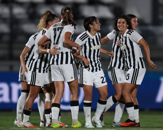 Biella, Italy, 8th August 2026. Remina Chiba of Juventus celebrates with team mates after scoring her second goal to give the side a 3-1 lead during the Juventus Women vs Hammarby IF UEFA Womens Champions League match at Stadio Vittorio Pozzo, Biella. Picture credit should read: Jonathan Moscrop Sportimage EDITORIAL USE ONLY. No use with unauthorised audio, video, data, fixture lists, club league logos or live services. Online in-match use limited to 120 images, no video emulation. No use in betting, games or single club league player publications. SPI_086_JM_JUVE_HAMMARBY_UWCL SPI-4904-0086