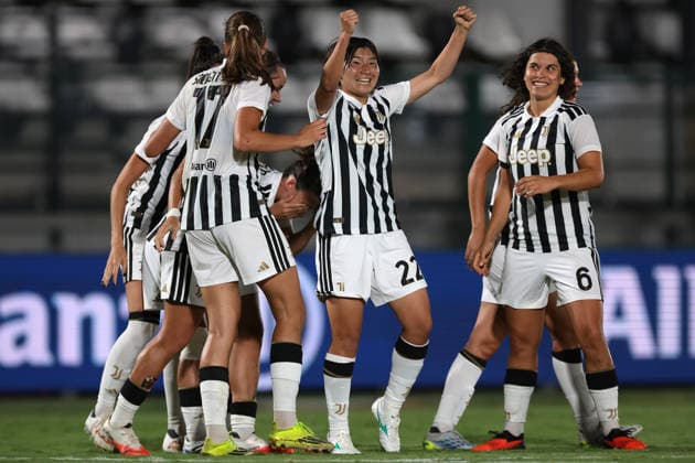 Biella, Italy, 8th August 2026. Remina Chiba of Juventus celebrates with team mates after scoring her second goal to give the side a 3-1 lead during the Juventus Women vs Hammarby IF UEFA Womens Champions League match at Stadio Vittorio Pozzo, Biella. Picture credit should read: Jonathan Moscrop Sportimage EDITORIAL USE ONLY. No use with unauthorised audio, video, data, fixture lists, club league logos or live services. Online in-match use limited to 120 images, no video emulation. No use in betting, games or single club league player publications. SPI_087_JM_JUVE_HAMMARBY_UWCL SPI-4904-0087