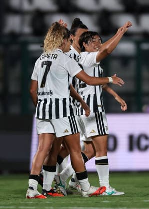Biella, Italy, 8th August 2026. Remina Chiba of Juventus celebrates with team mates after scoring her second goal to give the side a 3-1 lead during the Juventus Women vs Hammarby IF UEFA Womens Champions League match at Stadio Vittorio Pozzo, Biella. Picture credit should read: Jonathan Moscrop Sportimage EDITORIAL USE ONLY. No use with unauthorised audio, video, data, fixture lists, club league logos or live services. Online in-match use limited to 120 images, no video emulation. No use in betting, games or single club league player publications. SPI_088_JM_JUVE_HAMMARBY_UWCL SPI-4904-0088