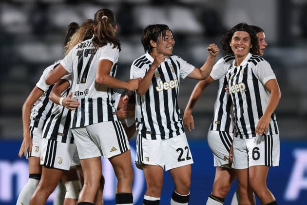 Biella, Italy, 8th August 2026. Remina Chiba of Juventus celebrates with team mates after scoring her second goal to give the side a 3-1 lead during the Juventus Women vs Hammarby IF UEFA Womens Champions League match at Stadio Vittorio Pozzo, Biella. Picture credit should read: Jonathan Moscrop Sportimage EDITORIAL USE ONLY. No use with unauthorised audio, video, data, fixture lists, club league logos or live services. Online in-match use limited to 120 images, no video emulation. No use in betting, games or single club league player publications. SPI_089_JM_JUVE_HAMMARBY_UWCL SPI-4904-0089
