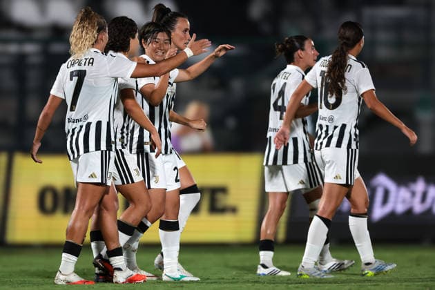 Biella, Italy, 8th August 2026. Remina Chiba of Juventus celebrates with team mates after scoring her second goal to give the side a 3-1 lead during the Juventus Women vs Hammarby IF UEFA Womens Champions League match at Stadio Vittorio Pozzo, Biella. Picture credit should read: Jonathan Moscrop Sportimage EDITORIAL USE ONLY. No use with unauthorised audio, video, data, fixture lists, club league logos or live services. Online in-match use limited to 120 images, no video emulation. No use in betting, games or single club league player publications. SPI_090_JM_JUVE_HAMMARBY_UWCL SPI-4904-0090