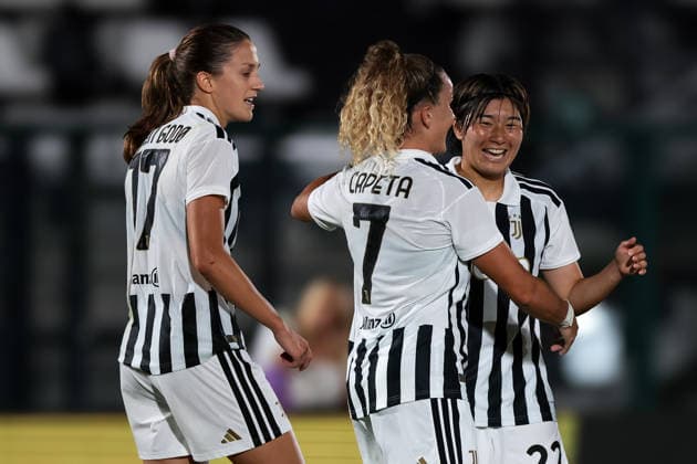 Biella, Italy, 8th August 2026. Remina Chiba of Juventus celebrates with team mates after scoring her second goal to give the side a 3-1 lead during the Juventus Women vs Hammarby IF UEFA Womens Champions League match at Stadio Vittorio Pozzo, Biella. Picture credit should read: Jonathan Moscrop Sportimage EDITORIAL USE ONLY. No use with unauthorised audio, video, data, fixture lists, club league logos or live services. Online in-match use limited to 120 images, no video emulation. No use in betting, games or single club league player publications. SPI_091_JM_JUVE_HAMMARBY_UWCL SPI-4904-0091