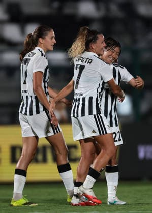 Biella, Italy, 8th August 2026. Remina Chiba of Juventus celebrates with team mates Emma Stolen Godo and Ana Capeta after scoring her second goal to give the side a 3-1 lead during the Juventus Women vs Hammarby IF UEFA Womens Champions League match at Stadio Vittorio Pozzo, Biella. Picture credit should read: Jonathan Moscrop Sportimage EDITORIAL USE ONLY. No use with unauthorised audio, video, data, fixture lists, club league logos or live services. Online in-match use limited to 120 images, no video emulation. No use in betting, games or single club league player publications. SPI_092_JM_JUVE_HAMMARBY_UWCL SPI-4904-0092