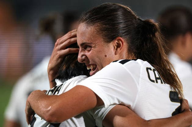 Biella, Italy, 8th August 2026. Remina Chiba of Juventus is congratualted by team mate Estela Carbonell after scoring her second goal of the evening to give the side a 3-1 extra time lead during the Juventus Women vs Hammarby IF UEFA Womens Champions League match at Stadio Vittorio Pozzo, Biella. Picture credit should read: Jonathan Moscrop Sportimage EDITORIAL USE ONLY. No use with unauthorised audio, video, data, fixture lists, club league logos or live services. Online in-match use limited to 120 images, no video emulation. No use in betting, games or single club league player publications. SPI_093_JM_JUVE_HAMMARBY_UWCL SPI-4904-0093