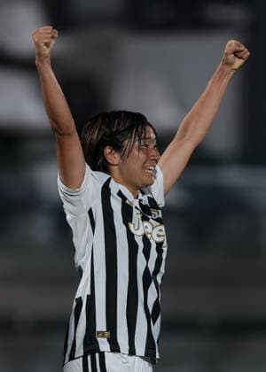 Biella, Italy, 8th August 2026. Remina Chiba of Juventus celebrates after scoring her second goal to give the side a 3-1 lead during the Juventus Women vs Hammarby IF UEFA Womens Champions League match at Stadio Vittorio Pozzo, Biella. Picture credit should read: Jonathan Moscrop Sportimage EDITORIAL USE ONLY. No use with unauthorised audio, video, data, fixture lists, club league logos or live services. Online in-match use limited to 120 images, no video emulation. No use in betting, games or single club league player publications. SPI_165_JM_JUVE_HAMMARBY_UWCL SPI-4904-0165