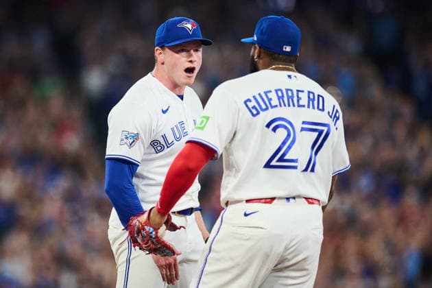 August 10, 2026, Toronto, On, Canada: Toronto Blue Jays Louis Varland (77), left, celebrates with Vladimir Guerrero Jr. (27) after their win against the Boston Red Sox in MLB, Baseball Herren, USA baseball action in Toronto, on Monday, Aug. 10, 2026. Canada News - August 10, 2026 - ZUMAc35_ 20260810_zaf_c35_108 Copyright: xSammyxKoganx