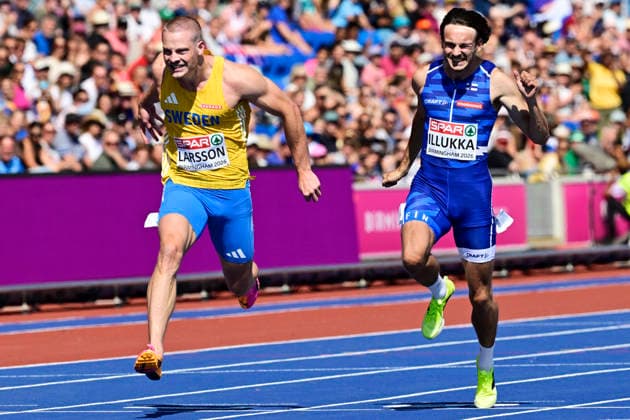 BIRMINGHAM, UNITED KINGDOM 20260811 Sweden s Henrik Larsson and Finland s Riku Illukka during round 1 of the men s 100m at the European Athletics Championships at Alexander Stadium in Birmingham.