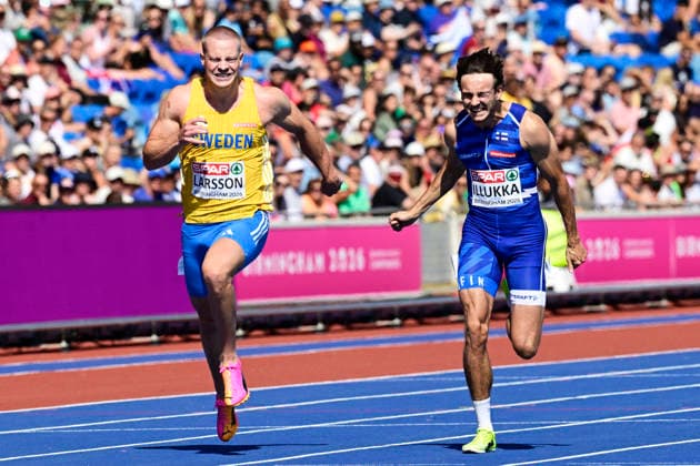 BIRMINGHAM, UNITED KINGDOM 20260811 Sweden s Henrik Larsson and Finland s Riku Illukka during round 1 of the men s 100m at the European Athletics Championships at Alexander Stadium in Birmingham.