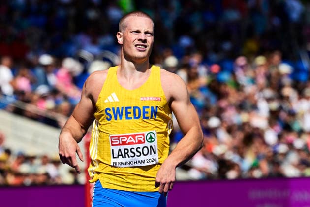 BIRMINGHAM, UNITED KINGDOM 20260811 Sweden s Henrik Larsson and Finland s Riku Illukka during round 1 of the men s 100m at the European Athletics Championships at Alexander Stadium in Birmingham.