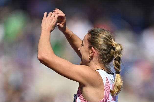 Belgian Paulien Couckuyt celebrates as she won her heat in the semifinals of the Women 400m Hurdles race, on the second day of the European Athletics Championships (August 10-18) in Birmingham, United Kingdom, on Tuesday 11 August 2026. ERICxLALMAND  x183140663x