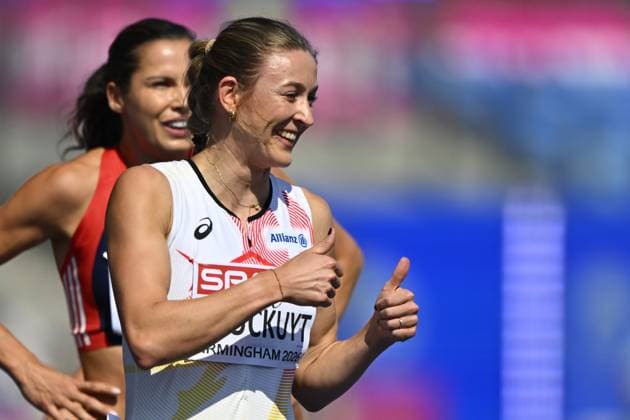Belgian Paulien Couckuyt celebrates as she won her heat in the semifinals of the Women 400m Hurdles race, on the second day of the European Athletics Championships (August 10-18) in Birmingham, United Kingdom, on Tuesday 11 August 2026. ERICxLALMAND  x183140666x