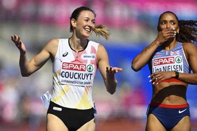 Belgian Paulien Couckuyt celebrates as she won her heat in the semifinals of the Women 400m Hurdles race, on the second day of the European Athletics Championships (August 10-18) in Birmingham, United Kingdom, on Tuesday 11 August 2026. ERICxLALMAND  x183140674x