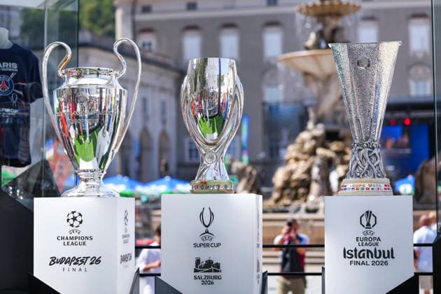 SOCCER - UEFA Super Cup, PSG vs Aston Villa SALZBURG,AUSTRIA,11.AUG.26 - SOCCER - UEFA Super Cup, Paris Saint-Germain vs Aston Villa FC, preview. Image shows the trophies of the UEFA Champions League, the supercup and the Europa League.  GEPAxpictures xDavidxGeieregger