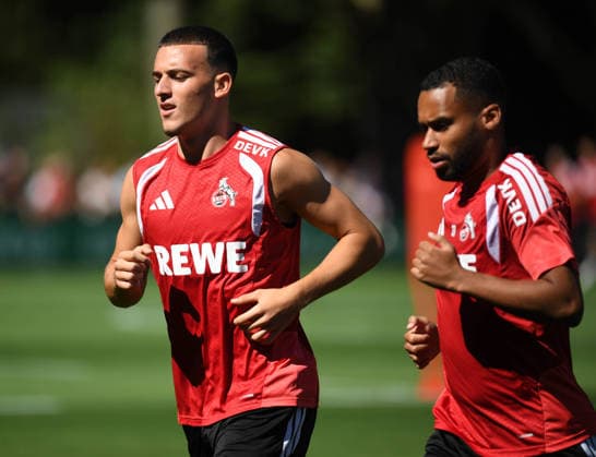 11.08.2026, xophax, Fussball 1.Bundesliga, 1.FC Koeln Training am Geissbockheim des 1.FC Köln. Platz 1. Said El Mala , links und Linton Maina , rechts ( beide 1.FC Köln ) Köln