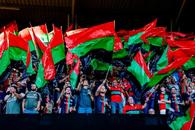 NIJMEGEN - Supporters of N.E.C. Nijmegen tijdens de Champions League wedstrijd tussen N.E.C. en Olympiacos in Stadion de Goffert op 11 augustus 2026 in Nijmegen , Nederland. -