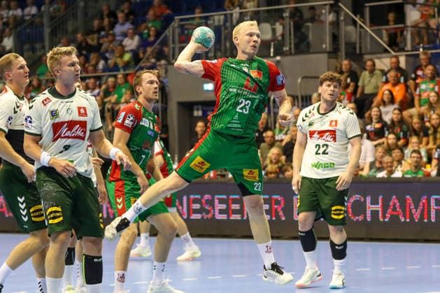 11.08.2026, xgox, Handball - Hummel Cup 2026 SC Magdeburg - GWD Mindenemspor, v.l. Magnus Saugstrup (Magdeburg, 23) wirft Tor, Torschuetze, erzielt Tor, Treffer, scores the goal Magdeburg