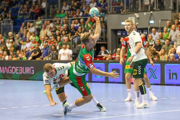 11.08.2026, xgox, Handball - Hummel Cup 2026 SC Magdeburg - GWD Mindenemspor, v.l. Albin Lagergren (Magdeburg, 21) wirft Tor, Torschuetze, erzielt Tor, Treffer, scores the goal Magdeburg