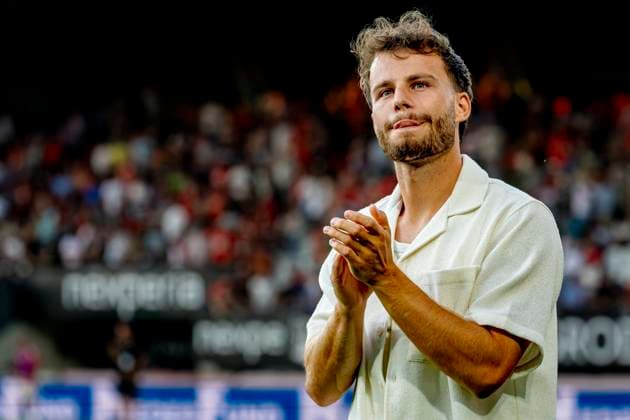 NIJMEGEN - Oud N.E.C. speler Dirk Proper tijdens de Champions League wedstrijd tussen N.E.C. en Olympiacos in Stadion de Goffert op 11 augustus 2026 in Nijmegen , Nederland. -