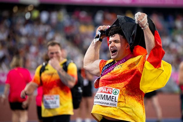 11.08.2026, GBR, Leichtathletik, Europameisterschaft 2026, Abendsession Tag 2, Birmingham Merlin Hummel ( Deutschland ) jubelt über Platz 2 und die Silber Medaille, Hammerwurf Herren, Finale Birmingham Alexander Stadium England Großbritannien Copyright: xNordphoto Memmlerx