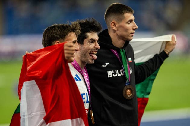 260811 Simon Ehammer of Schweiz, Miltiadis Tentogloui of Greece and Bozhidar SarÃ¢boyukov of Bulgaria celebrates after men s long jump final during day 2 of the 2026 European Athletics Championships on August 11, 2026 in Birmingham. Photo: Mathias Bergeld BILDBYRAN kod MB MT1065 friidrott athletics friidrett friidrotts-em em friidretts-em 2026 european athletics championships 2 bbeng Copyright: MATHIASxBERGELD BB260811MB151