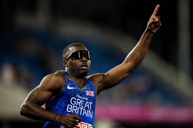 260811 Romell Glave of Great Britain celebrates after men s 100 meter final during day 2 of the 2026 European Athletics Championships on August 11, 2026 in Birmingham. Photo: Maxim Thore BILDBYRAN kod MT MT1065 friidrott athletics friidrett friidrotts-em em friidretts-em 2026 european athletics championships 2 bbeng Copyright: MAXIMxTHORE BB260811MT105