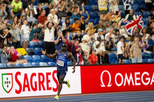 260811 Romell Glave of Great Britain celebrates after men s 100 meter final during day 2 of the 2026 European Athletics Championships on August 11, 2026 in Birmingham. Photo: Mathias Bergeld BILDBYRAN kod MB MT1065 friidrott athletics friidrett friidrotts-em em friidretts-em 2026 european athletics championships 2 bbeng Copyright: MATHIASxBERGELD BB260811MB155
