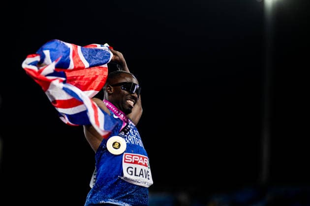 260811 Romell Glave of Great Britain celebrates after men s 100 meter final during day 2 of the 2026 European Athletics Championships on August 11, 2026 in Birmingham. Photo: Maxim Thore BILDBYRAN kod MT MT1065 friidrott athletics friidrett friidrotts-em em friidretts-em 2026 european athletics championships 2 bbeng Copyright: MAXIMxTHORE BB260811MT107