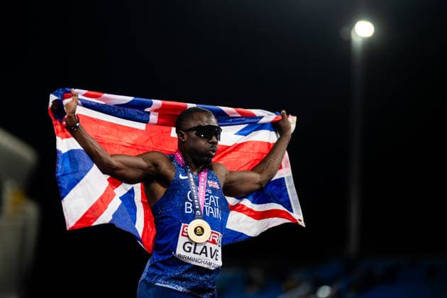 260811 Romell Glave of Great Britain celebrates after men s 100 meter final during day 2 of the 2026 European Athletics Championships on August 11, 2026 in Birmingham. Photo: Maxim Thore BILDBYRAN kod MT MT1065 friidrott athletics friidrett friidrotts-em em friidretts-em 2026 european athletics championships 2 bbeng Copyright: MAXIMxTHORE BB260811MT108