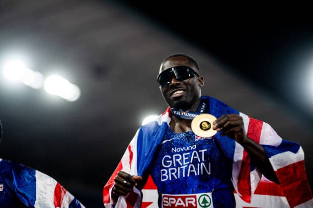 260811 Romell Glave of Great Britain celebrates after men s 100 meter final during day 2 of the 2026 European Athletics Championships on August 11, 2026 in Birmingham. Photo: Maxim Thore BILDBYRAN kod MT MT1065 friidrott athletics friidrett friidrotts-em em friidretts-em 2026 european athletics championships 2 bbeng Copyright: MAXIMxTHORE BB260811MT109