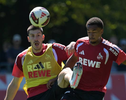 11.08.2026, xophax, Fussball 1.Bundesliga, 1.FC Koeln Training am Geissbockheim des 1.FC Köln. Platz 1. Luka Lochoshili , links ( 1.FC Köln ) und Youssoupha Niang , rechts ( 1.FC Köln ) Köln