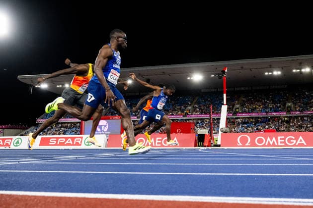 260811 Jeremiah Azu and Romell Glave of Great Britain competes in men s 100 meter final during day 2 of the 2026 European Athletics Championships on August 11, 2026 in Birmingham. Photo: Mathias Bergeld BILDBYRAN kod MB MT1065 friidrott athletics friidrett friidrotts-em em friidretts-em 2026 european athletics championships 2 bbeng Copyright: MATHIASxBERGELD BB260811MB161
