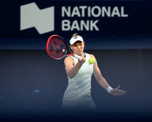 August 11, 2026, Toronto, Ontario, Canada: ELENA RYBAKINA of Kazakhstan returns the ball during her quarterfinal match against Naomi Osaka of Japan at the National Bank Open, part of the Hologic WTA, Tennis Damen Tour at Sobeys Stadium. Toronto Canada - ZUMAr228 20260811_znp_r228_003 Copyright: xVasiliyxRyabykhx