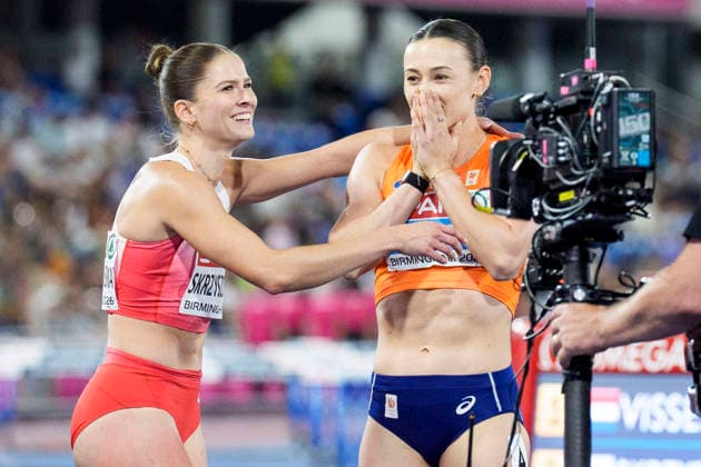 BIRMINGHAM, GREAT BRITAIN - AUGUST 11, 2026 : Winner in the 100m hurdles Nadine VISSER (NED Netherlands) and second placed Pia SKRZYSZOWSKA (POL Poland) during the European Athletics Championships at Alexander Stadium on August 11, 2026 in Birmingham, Great Britain. Great Britain Copyright: xLeahxKohringx
