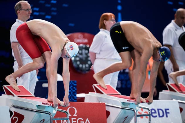 260812 Elias Klev of Norway and Ludvig Bartolek of Sweden in men™s 100 meters butterfly swimming heats during day 13 of the 2026 European Aquatics Championships on August 12, 2026 in Saint-Denis. Photo: Joel Marklund BILDBYRAN kod JM JM0840 bbeng simning swimming svomming 2026 european aquatics championships em Sverige Copyright: JOELxMARKLUND BB260812JM015