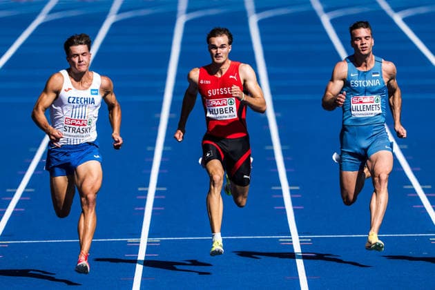 European Athletics Championships; Birmingham, 12.08.2026 BIRMINGHAM, UNITED KINGDOM - AUGUST 12: left to right: Vilem Strasky (CZE - Czech Republic), Andrin Huber (Switzerland), Risto Lillemets (EST - Estonia) compete in the 100 m on August 12, 2026 in Birmingham, United Kingdom. Copyright: xBEAUTIFULxSPORTS UlfxSchillerx