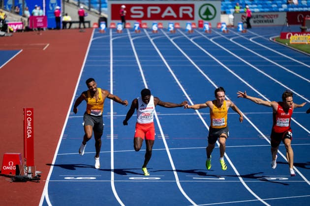 12.08.2026, GBR, Leichtathletik, Europameisterschaft 2026, Morgensession Tag 3, Birmingham Leo Neugebauer ( Deutschland ), Makenson Gletty ( Frankreich ), Amadeus Gräber ( Deutschland ), Nino Portmann ( Schweiz ), Zehnkampf Herren, 100 Meter Sprint, Birmingham Alexander Stadium England Großbritannien Copyright: xNordphoto Memmlerx