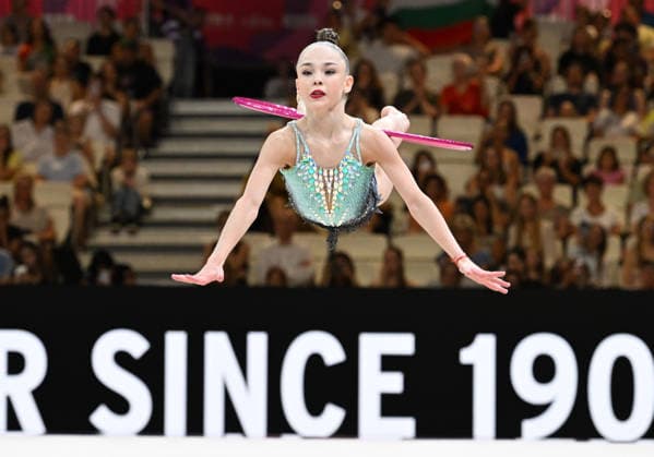 12.08.2026, xhbx, Rhythmische Sportgymnastik Weltmeisterschaft 2026, v.l. Stiliana Nikolova (Bulgarien) Reifen (DFL DFB REGULATIONS PROHIBIT ANY USE OF PHOTOGRAPHS as IMAGE SEQUENCES and or QUASI-VIDEO) Frankfurt am Main