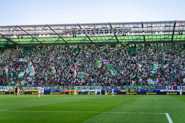 SOCCER - UEFA ECL, Rapid vs Paide VIENNA,AUSTRIA,12.AUG.26 - SOCCER - UEFA Conference League, qualification, SK Rapid Wien vs Paide Linnameeskond. Image shows the fans of SK Rapid Wien in Block West of Weststadion.  GEPAxpictures xKevinxHackner